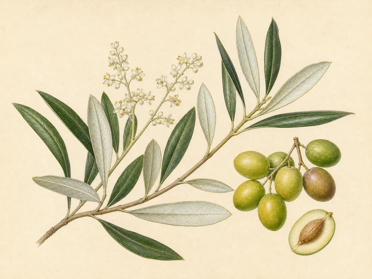 Prancha botânica complementar de Oliveira ‘Maçanilha de Elvas’ (Olea europaea L. ‘Maçanilha de Elvas’) com caracteres de identificação e ciclo de vida