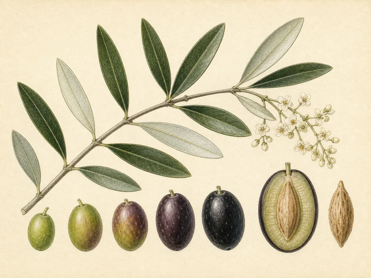 Prancha botânica complementar de Oliveira ‘Madural’ (Olea europaea L. ‘Madural’) com caracteres de identificação e ciclo de vida
