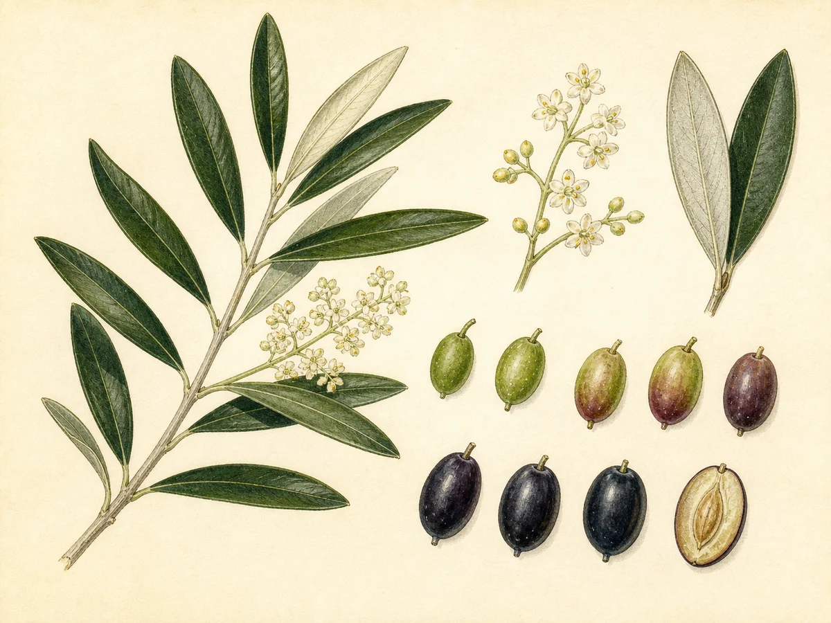 Prancha botânica complementar de Oliveira ‘Negrinha de Freixo’ (Olea europaea L. ‘Negrinha de Freixo’) com caracteres de identificação e ciclo de vida