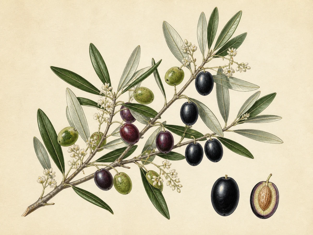 Prancha botânica complementar de Oliveira ‘Negrita’ (Olea europaea L. ‘Negrita’) com caracteres de identificação e ciclo de vida