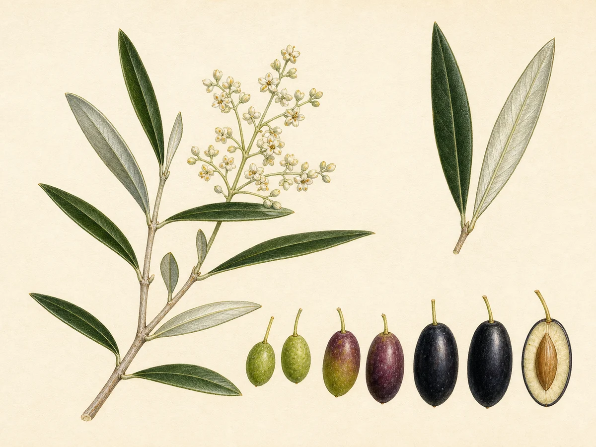 Prancha botânica complementar de Oliveira ‘Negroa’ (Olea europaea L. ‘Negroa’) com caracteres de identificação e ciclo de vida