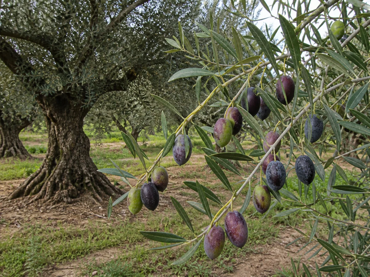 Prancha botânica complementar de Oliveira ‘Orelha de Mula’ (Olea europaea L. ‘Orelha de Mula’) com caracteres de identificação e ciclo de vida