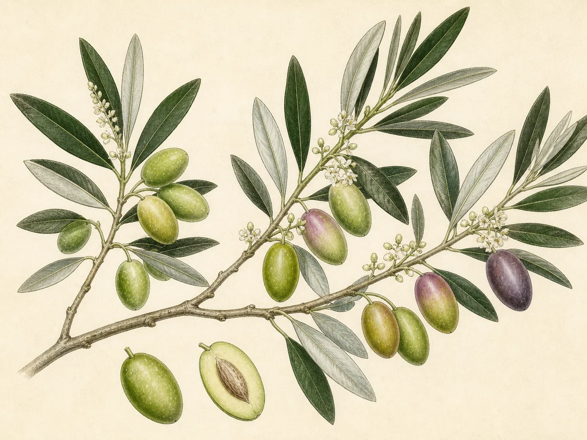 Prancha botânica complementar de Oliveira ‘Verde Verdelho’ (Olea europaea L. ‘Verde Verdelho’) com caracteres de identificação e ciclo de vida