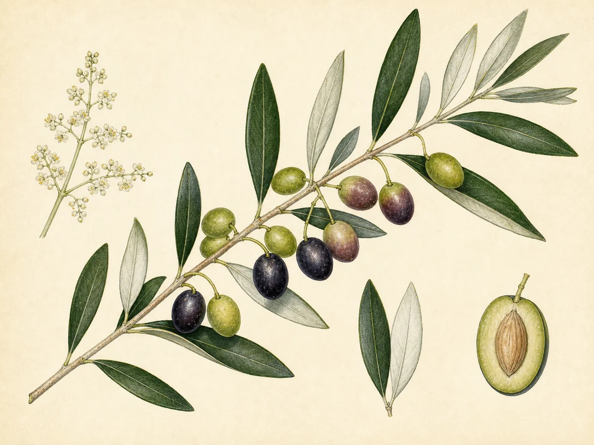 Prancha botânica complementar de Oliveira ‘Verdeal Transmontana’ (Olea europaea L. ‘Verdeal Transmontana’) com caracteres de identificação e ciclo de vida