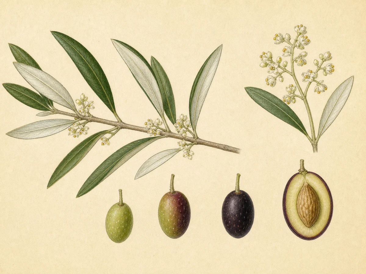 Prancha botânica complementar de Oliveira ‘Zambulha’ (Olea europaea L. ‘Zambulha’) com caracteres de identificação e ciclo de vida