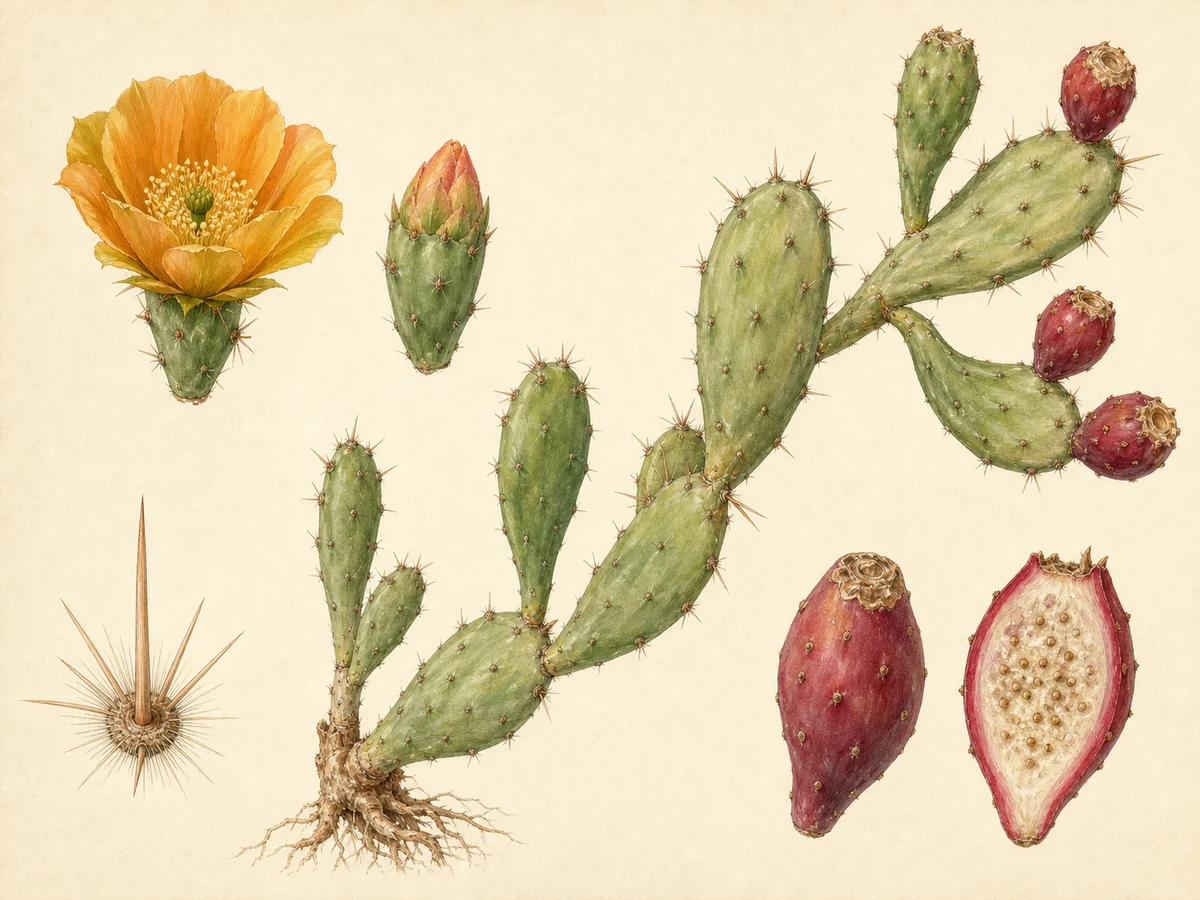 Prancha botânica complementar de Opúntia-elata — prevenção nacional e exceção madeirense (Opuntia elata) com caracteres de identificação e ciclo de vida