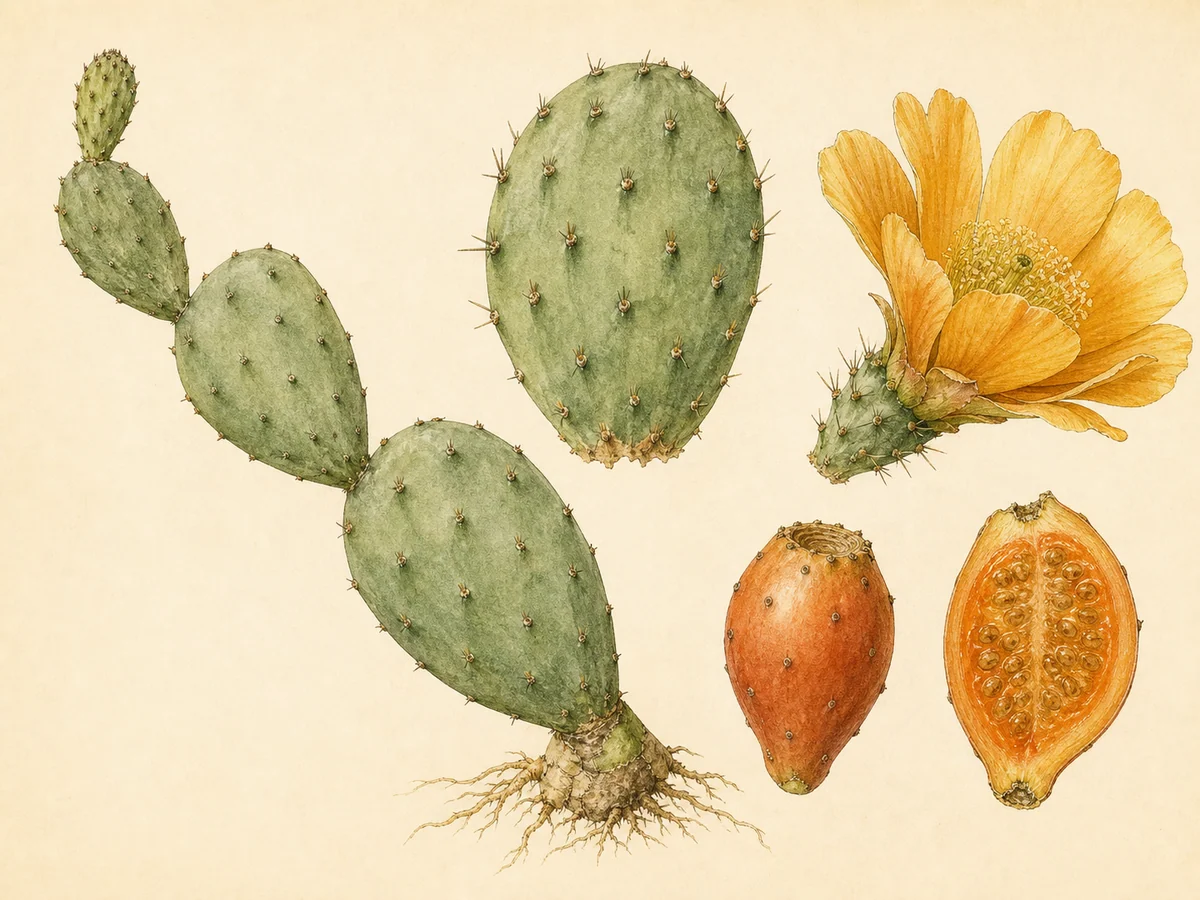 Prancha botânica complementar de Figueira-da-índia — exceção doméstica madeirense (Opuntia ficus-indica) com caracteres de identificação e ciclo de vida
