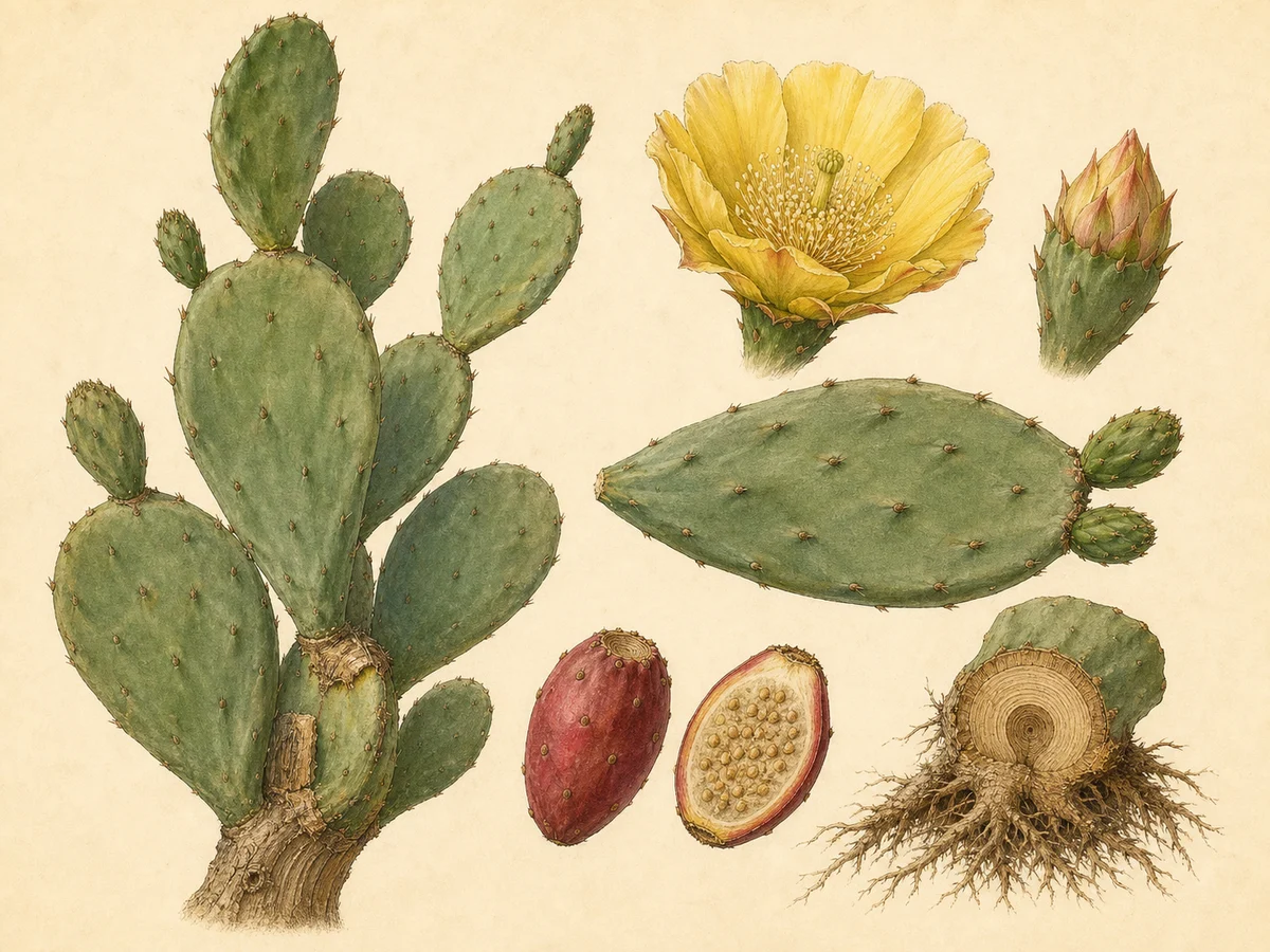 Prancha botânica complementar de Opúntia-máxima — conceito taxonómico explícito (Opuntia maxima) com caracteres de identificação e ciclo de vida