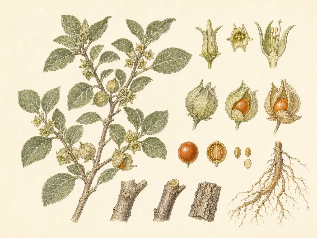 Prancha botânica complementar de Orovale (Withania frutescens) com caracteres de identificação e ciclo de vida