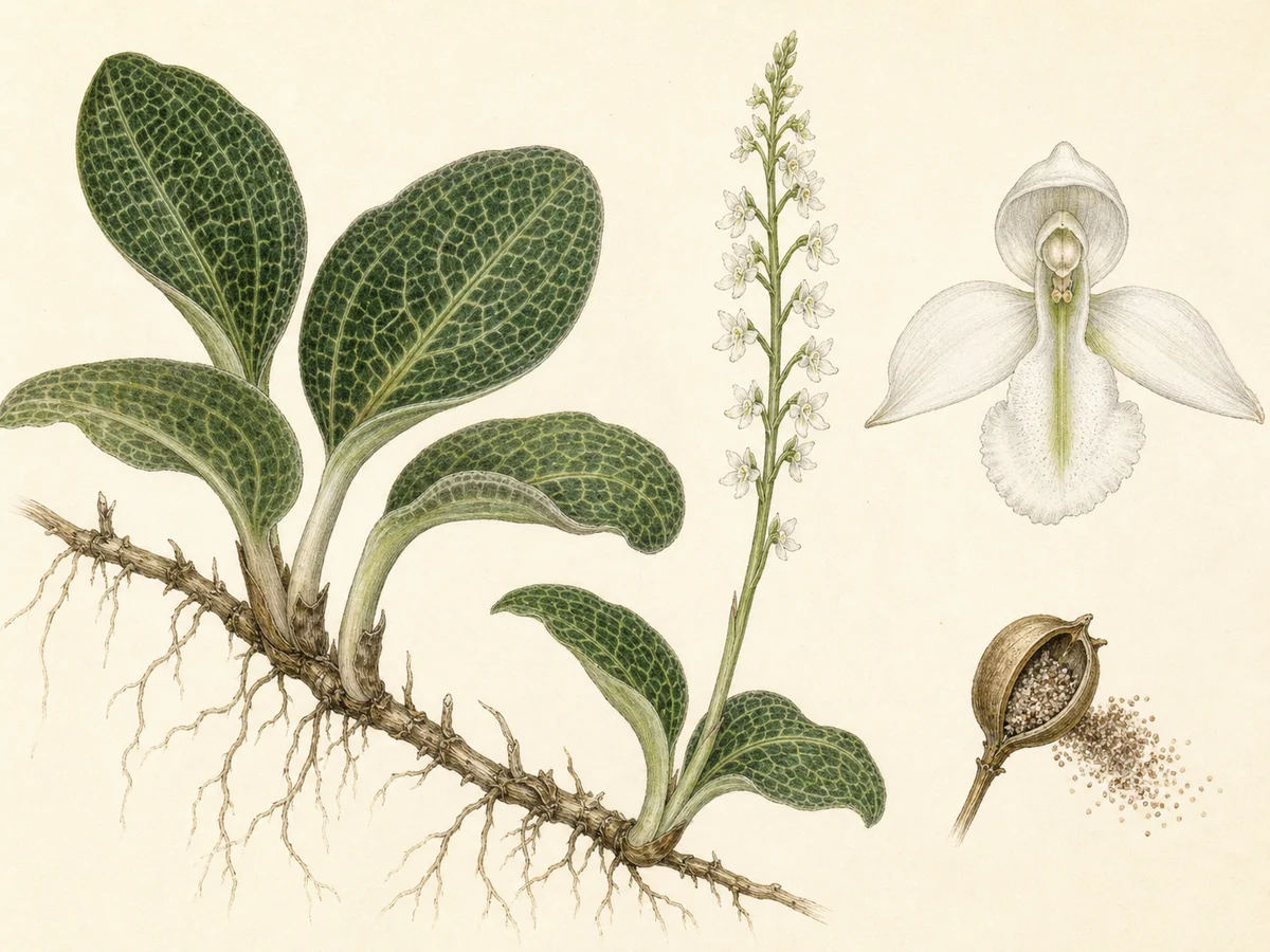 Prancha botânica complementar de Orquídea-branca-da-Madeira (Goodyera macrophylla) com caracteres de identificação e ciclo de vida