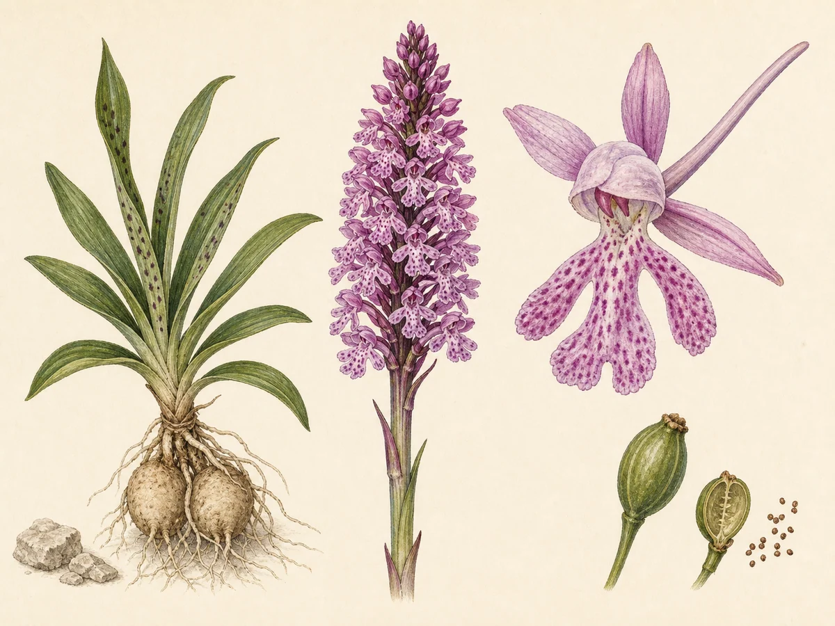 Prancha botânica complementar de Orquídea-da-rocha (Orchis scopulorum) com caracteres de identificação e ciclo de vida