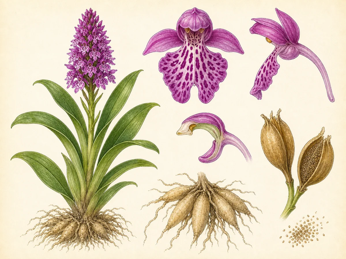 Prancha botânica complementar de Orquídea-da-serra (Dactylorhiza foliosa) com caracteres de identificação e ciclo de vida