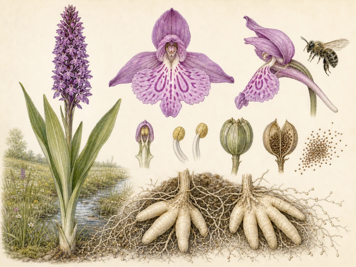 Prancha botânica complementar de Orquídea-dos-brejos (Dactylorhiza elata) com caracteres de identificação e ciclo de vida