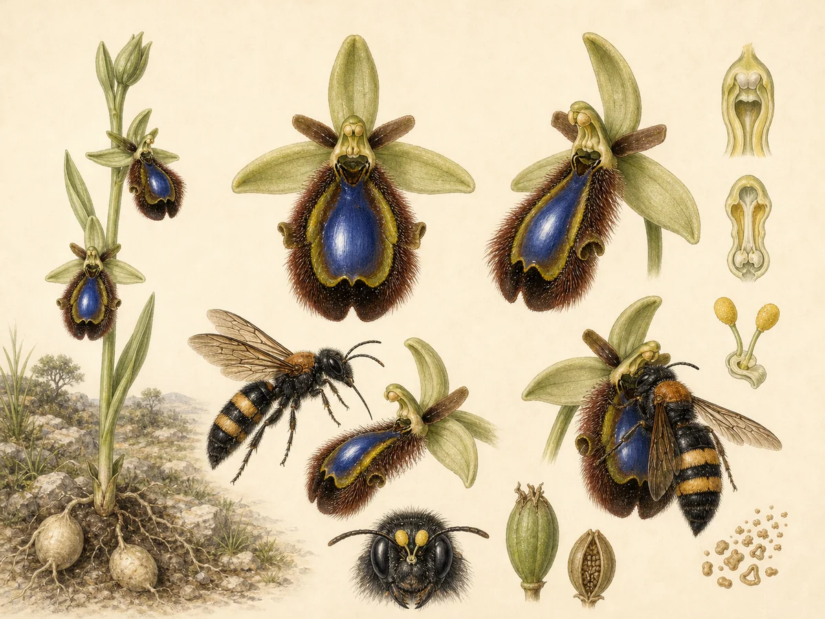 Prancha botânica complementar de Orquídea-espelho (Ophrys speculum) com caracteres de identificação e ciclo de vida