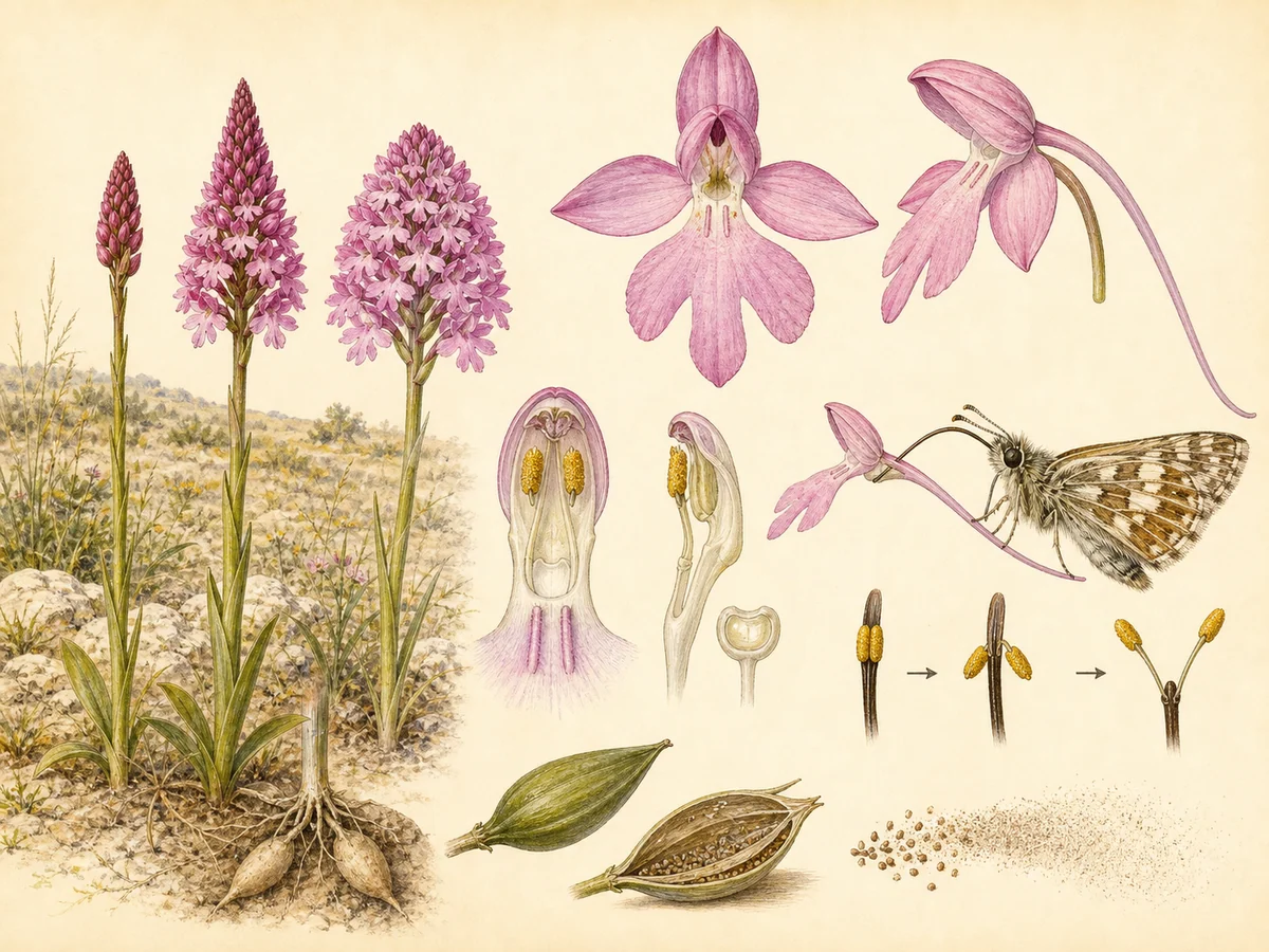 Prancha botânica complementar de Orquídea-piramidal (Anacamptis pyramidalis) com caracteres de identificação e ciclo de vida