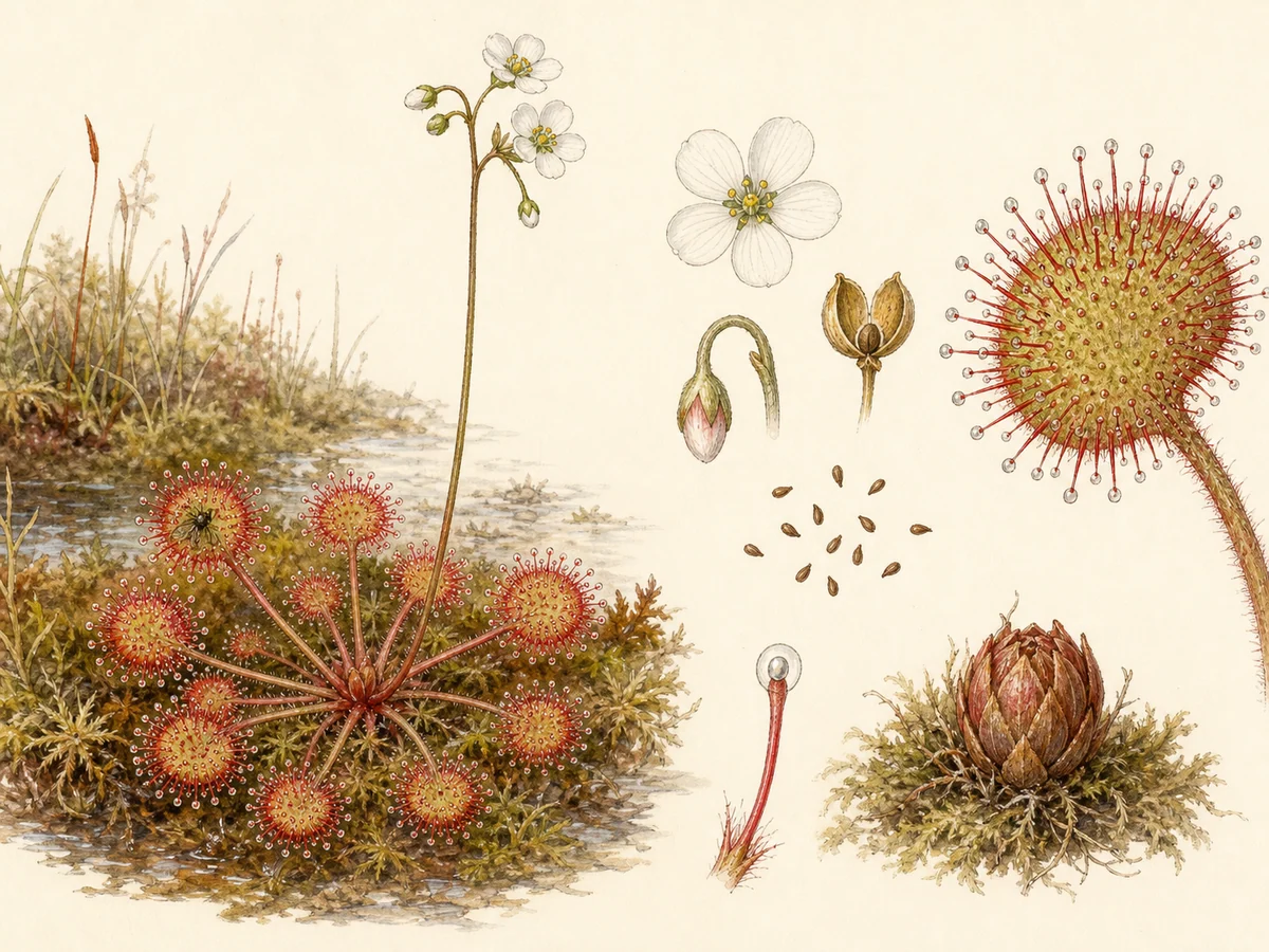 Prancha botânica complementar de Orvalhinha (Drosera rotundifolia) com caracteres de identificação e ciclo de vida