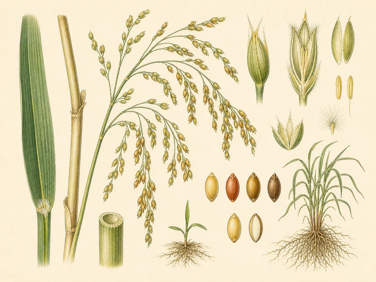 Prancha botânica complementar de Painço (Panicum miliaceum) com caracteres de identificação e ciclo de vida