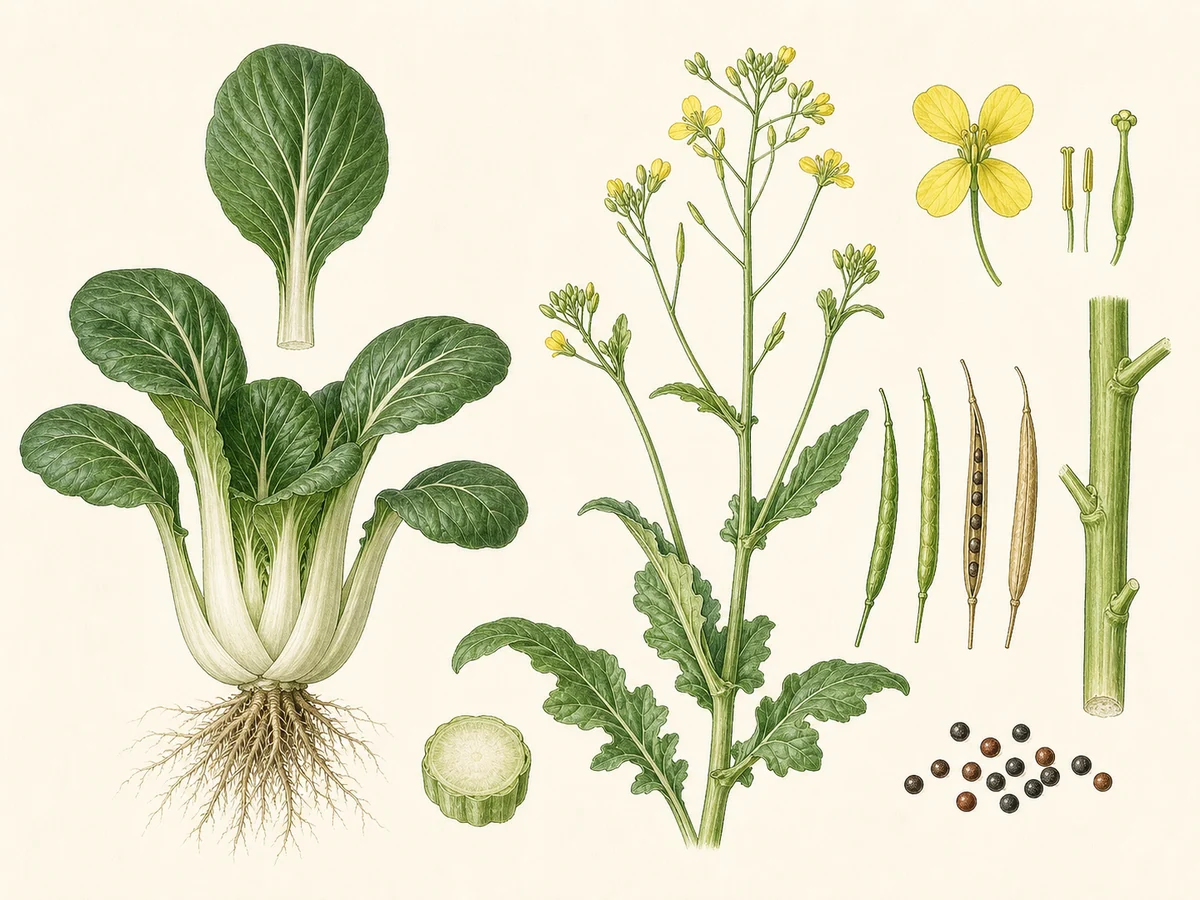 Prancha botânica complementar de Pak choi (Brassica rapa Chinensis Group) com caracteres de identificação e ciclo de vida