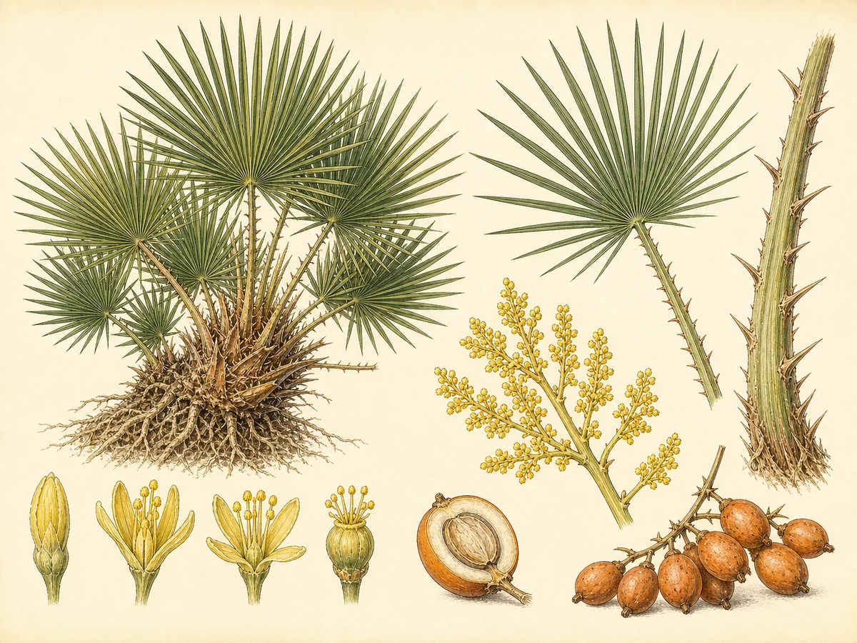 Prancha botânica complementar de Palmeira-anã (Chamaerops humilis) com caracteres de identificação e ciclo de vida