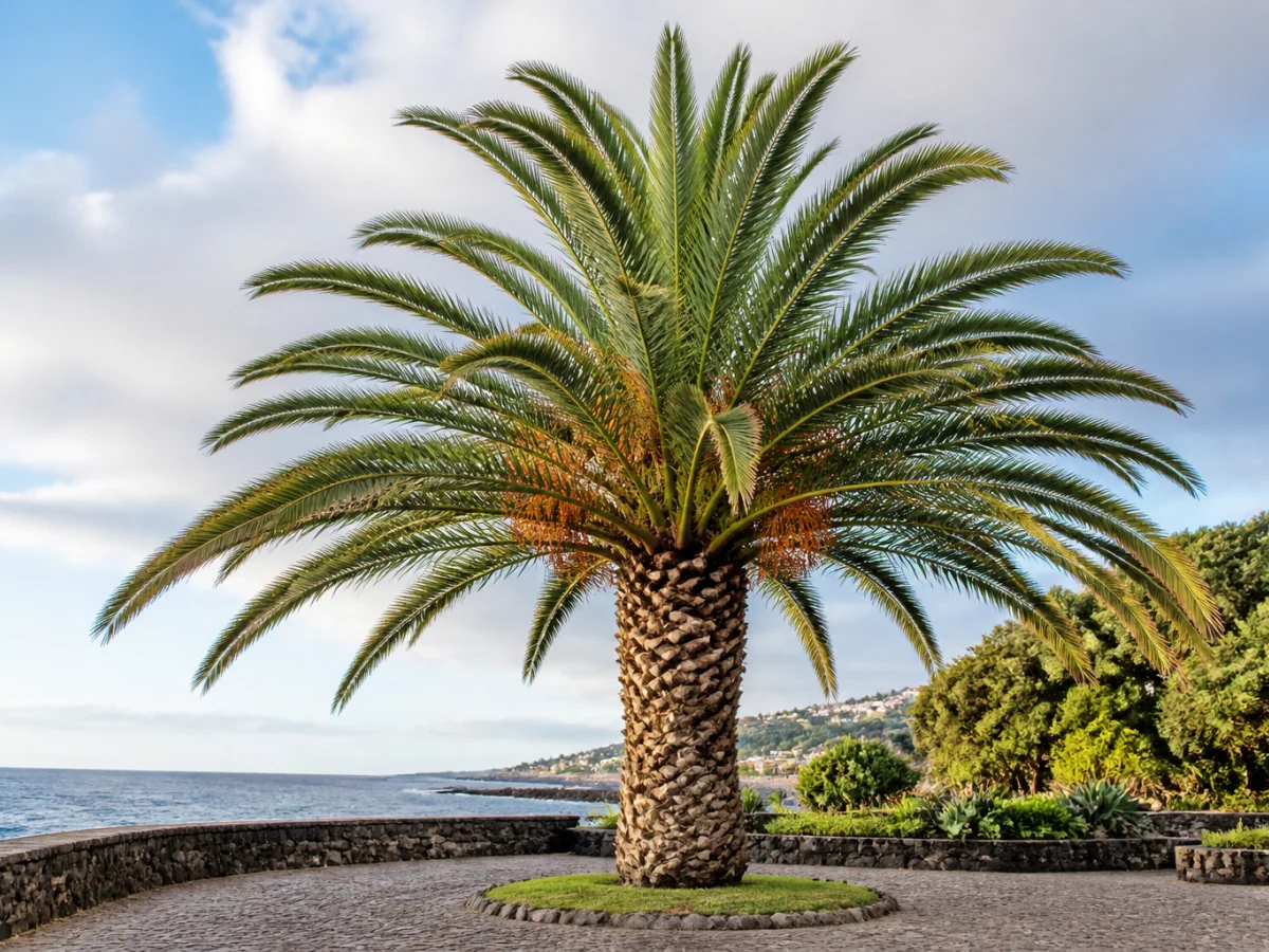 Prancha botânica complementar de Palmeira-das-Canárias (Phoenix canariensis) com caracteres de identificação e ciclo de vida