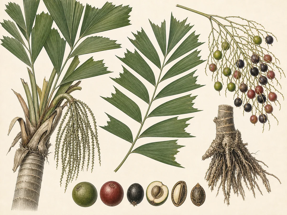 Prancha botânica complementar de Palmeira-rabo-de-peixe-gigante (Caryota obtusa) com caracteres de identificação e ciclo de vida