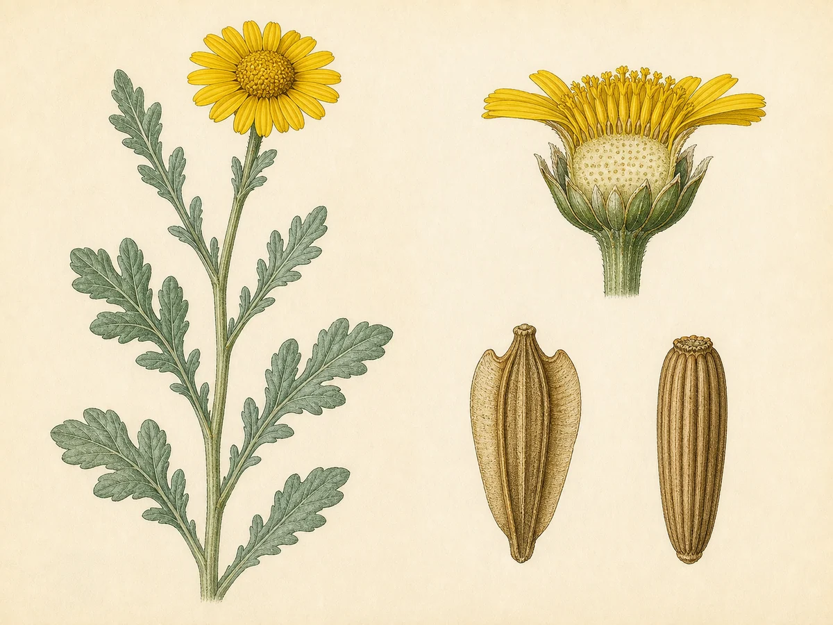 Prancha botânica complementar de Pampilho-das-searas (Glebionis segetum) com caracteres de identificação e ciclo de vida