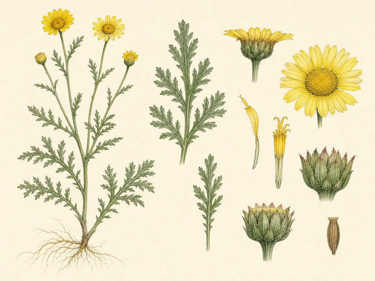 Prancha botânica complementar de Pampilho-vulgar — não plantar na Madeira (Chrysanthemum coronarium) com caracteres de identificação e ciclo de vida