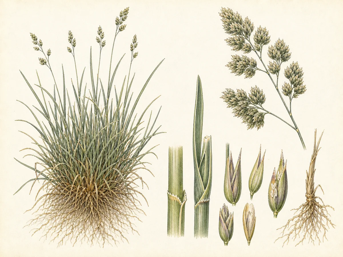 Prancha botânica complementar de Panasco-mediterrânico (Dactylis glomerata subsp. hispanica) com caracteres de identificação e ciclo de vida