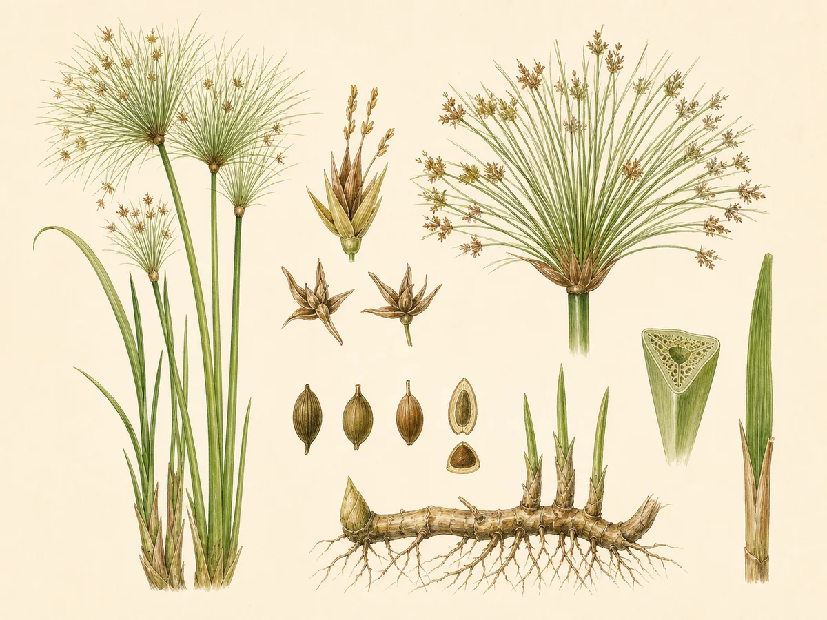 Prancha botânica complementar de Papiro (Cyperus papyrus) com caracteres de identificação e ciclo de vida