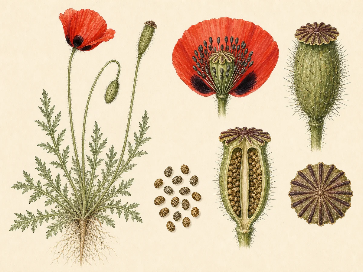 Prancha botânica complementar de Papoila-longa-peluda (Papaver argemone) com caracteres de identificação e ciclo de vida