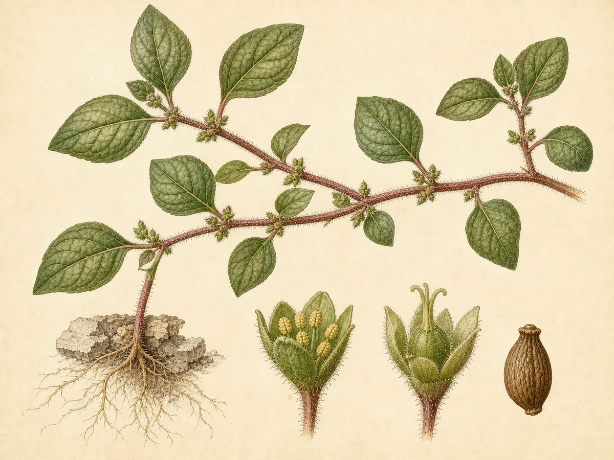 Prancha botânica complementar de Parietária (Parietaria judaica) com caracteres de identificação e ciclo de vida
