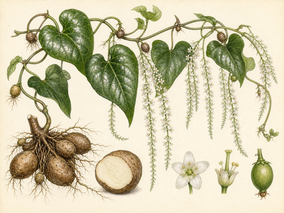 Prancha botânica complementar de Parra-da-Madeira (Boussingaultia cordifolia) com caracteres de identificação e ciclo de vida