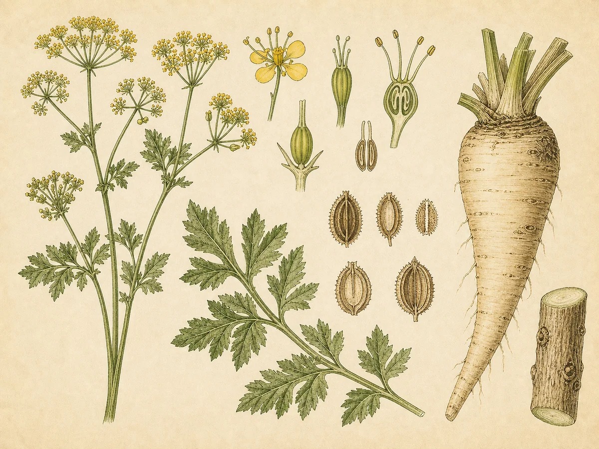 Prancha botânica complementar de Pastinaca (Pastinaca sativa) com caracteres de identificação e ciclo de vida