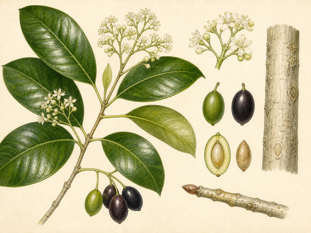 Prancha botânica complementar de Pau-branco-da-Madeira (Picconia excelsa) com caracteres de identificação e ciclo de vida