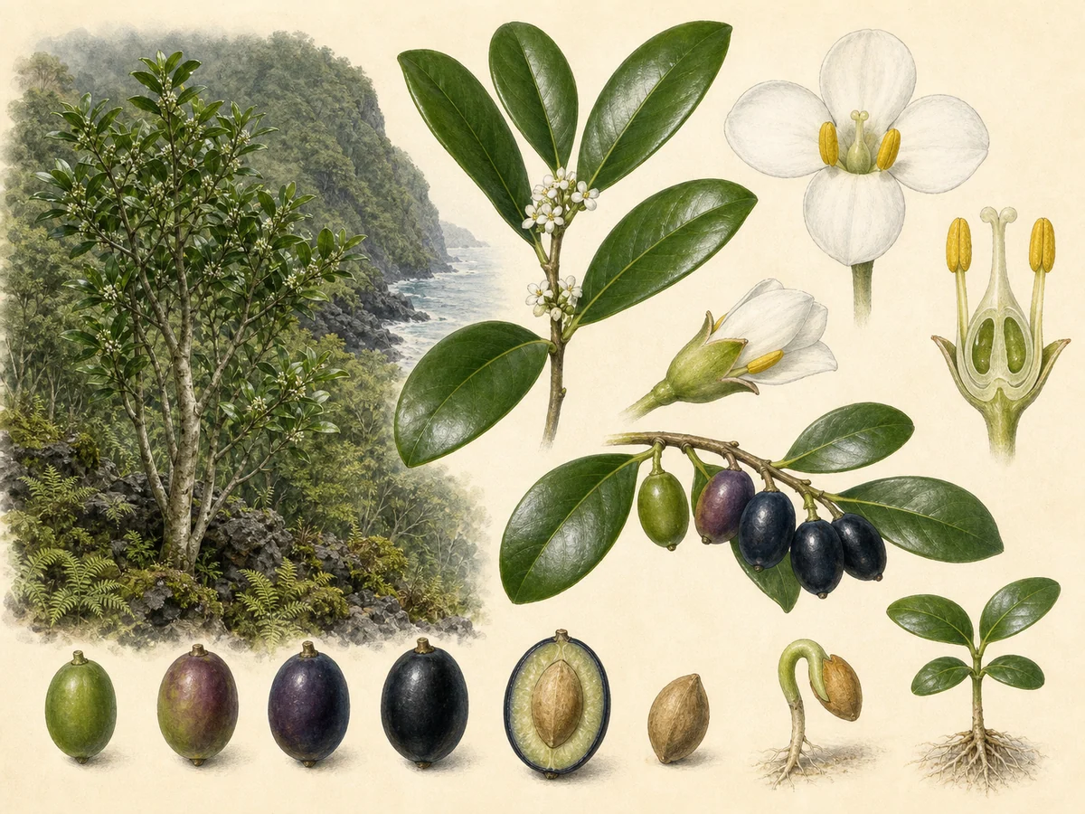 Prancha botânica complementar de Pau-branco dos Açores (Picconia azorica) com caracteres de identificação e ciclo de vida