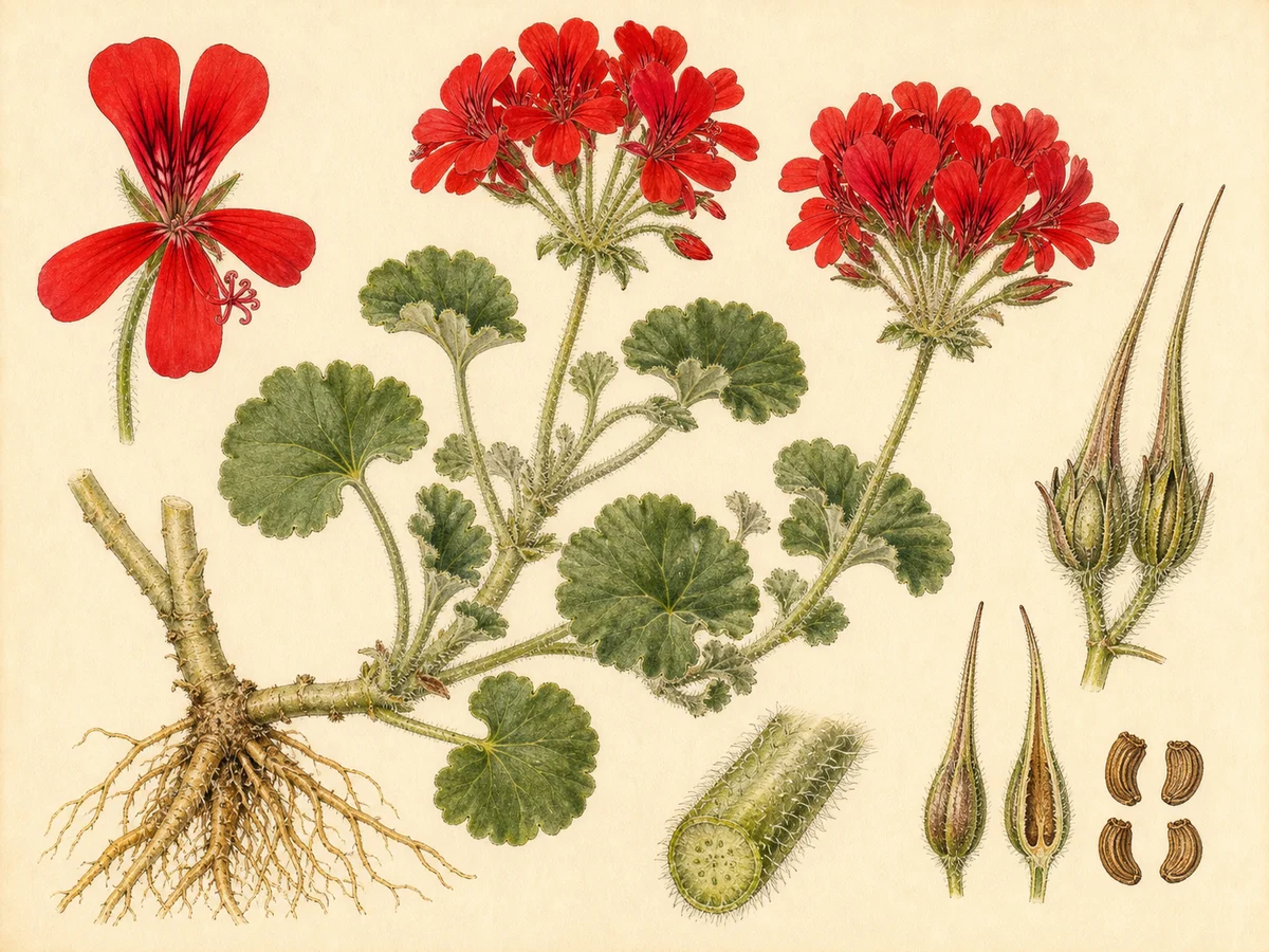 Prancha botânica complementar de Pelargonium inquinans — cultivo rastreado na Madeira (Pelargonium inquinans) com caracteres de identificação e ciclo de vida