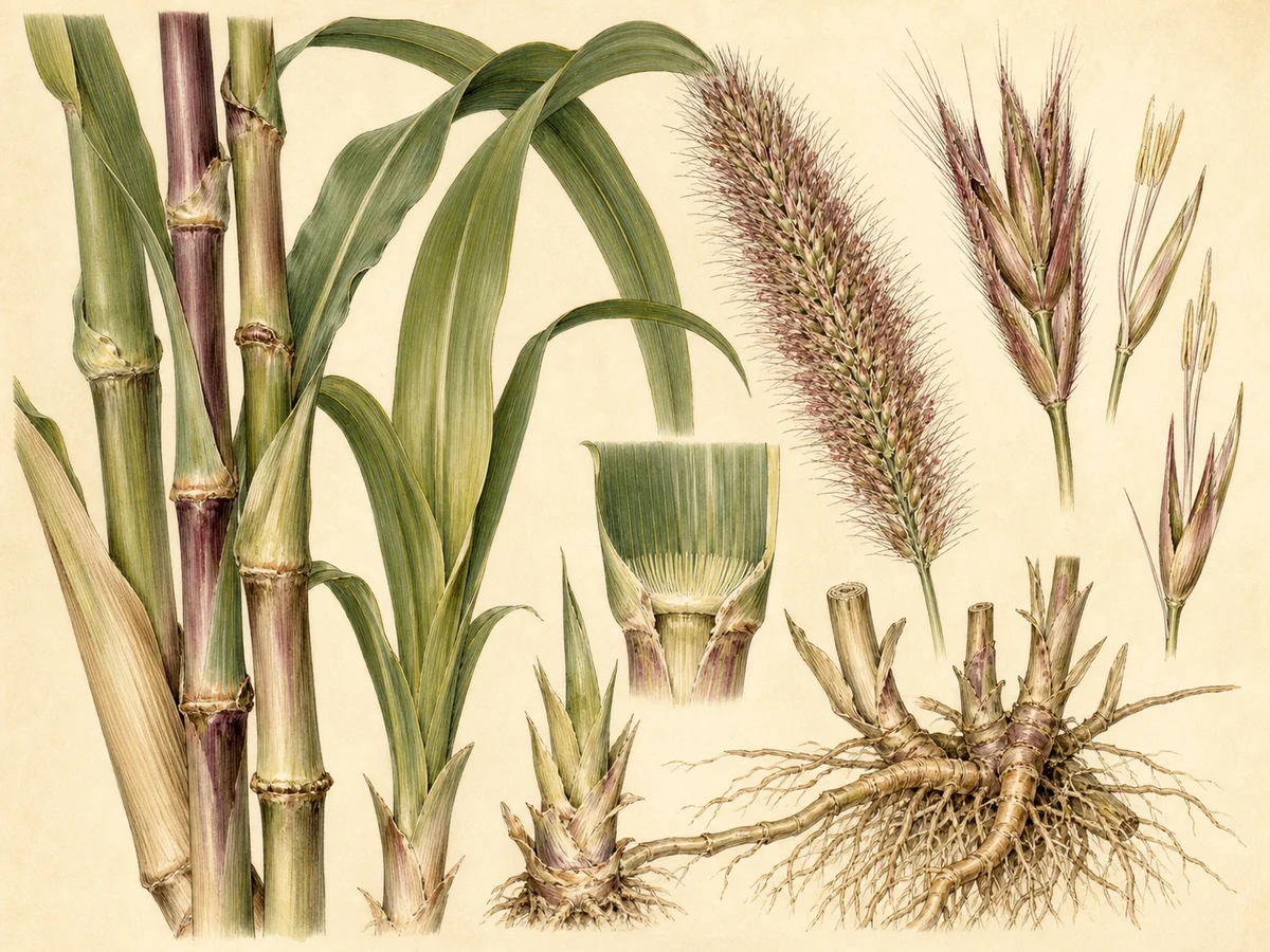 Prancha botânica complementar de Pennisetum purpureum — não plantar na Madeira (Pennisetum purpureum) com caracteres de identificação e ciclo de vida