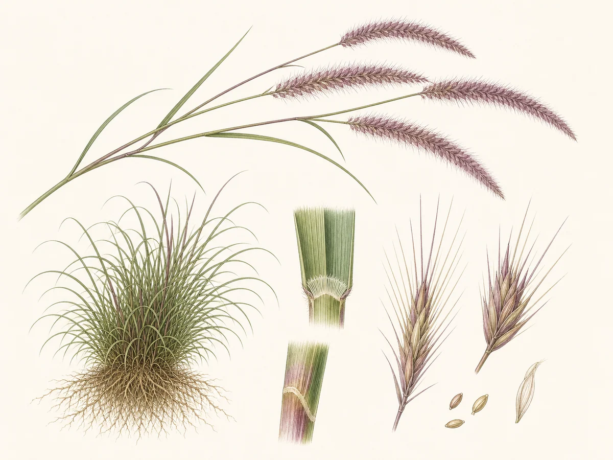 Prancha botânica complementar de Pennisetum setaceum — não plantar (Pennisetum setaceum) com caracteres de identificação e ciclo de vida