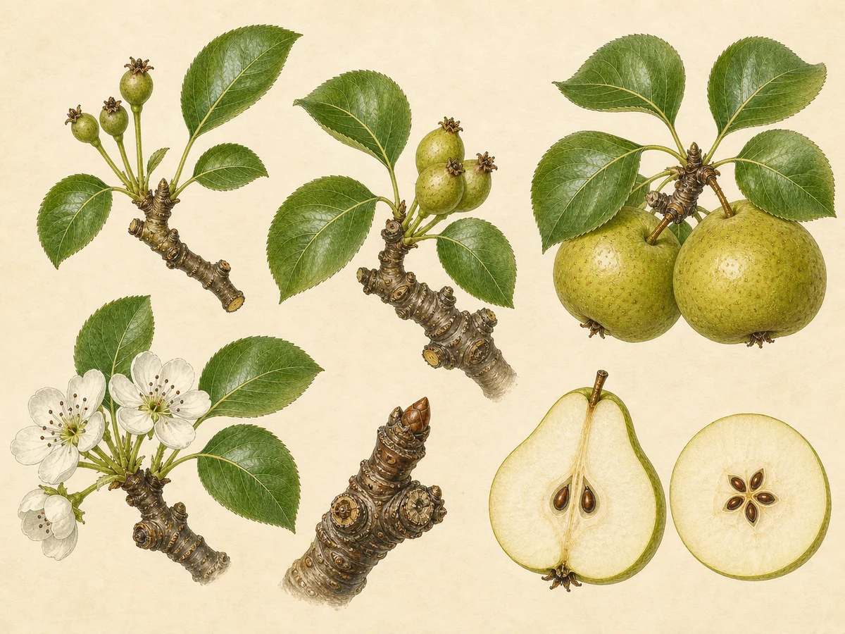 Prancha botânica complementar de Pereira Carapinheira (Pyrus communis 'Carapinheira') com caracteres de identificação e ciclo de vida