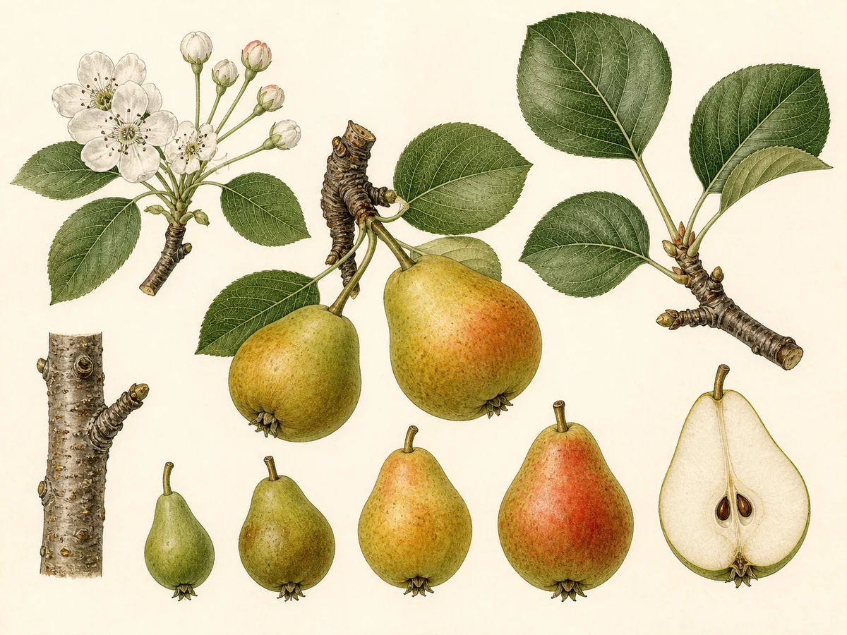 Prancha botânica complementar de Pereira Coxa de Freira (Pyrus communis 'Coxa de Freira') com caracteres de identificação e ciclo de vida