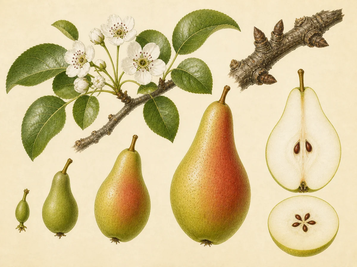 Prancha botânica complementar de Pereira Pérola (Pyrus communis 'Pérola') com caracteres de identificação e ciclo de vida