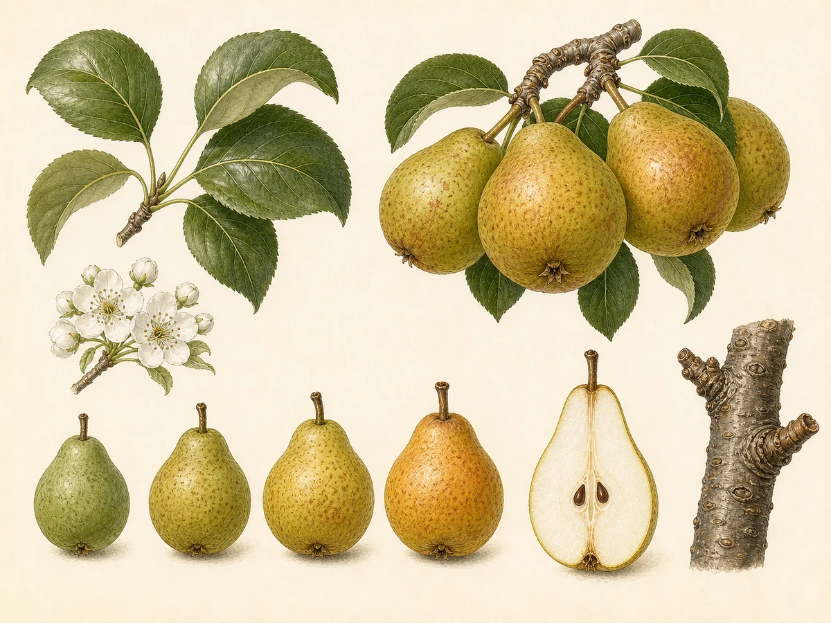 Prancha botânica complementar de Pereira Rocha (Pyrus communis 'Rocha') com caracteres de identificação e ciclo de vida