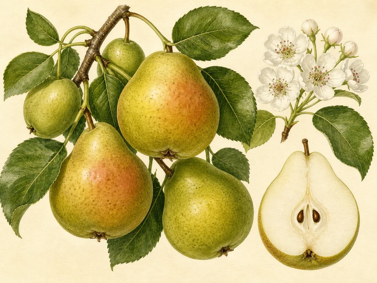Prancha botânica complementar de Pereira ‘Amêndoa do Menezes’ (Pyrus communis L. ‘Amêndoa do Menezes’) com caracteres de identificação e ciclo de vida