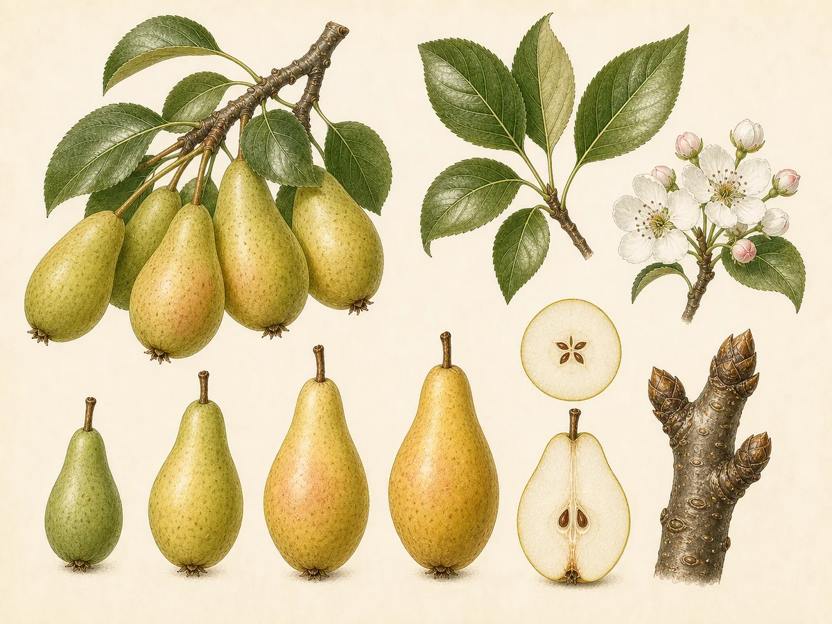 Prancha botânica complementar de Pereira ‘Amêndoa’ (Pyrus communis L. ‘Amêndoa’) com caracteres de identificação e ciclo de vida