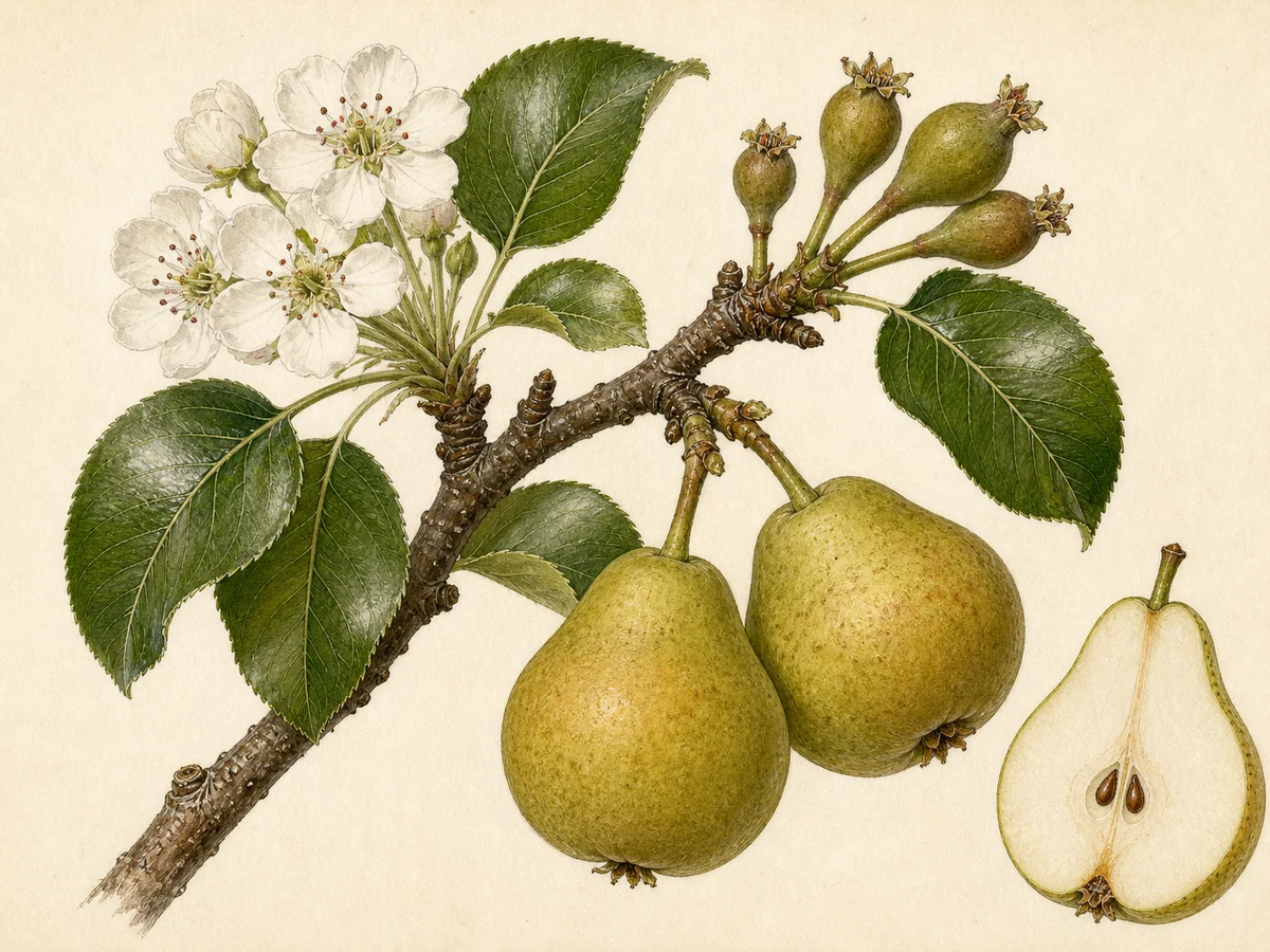 Prancha botânica complementar de Pereira ‘Amorim’ (Pyrus communis L. ‘Amorim’) com caracteres de identificação e ciclo de vida