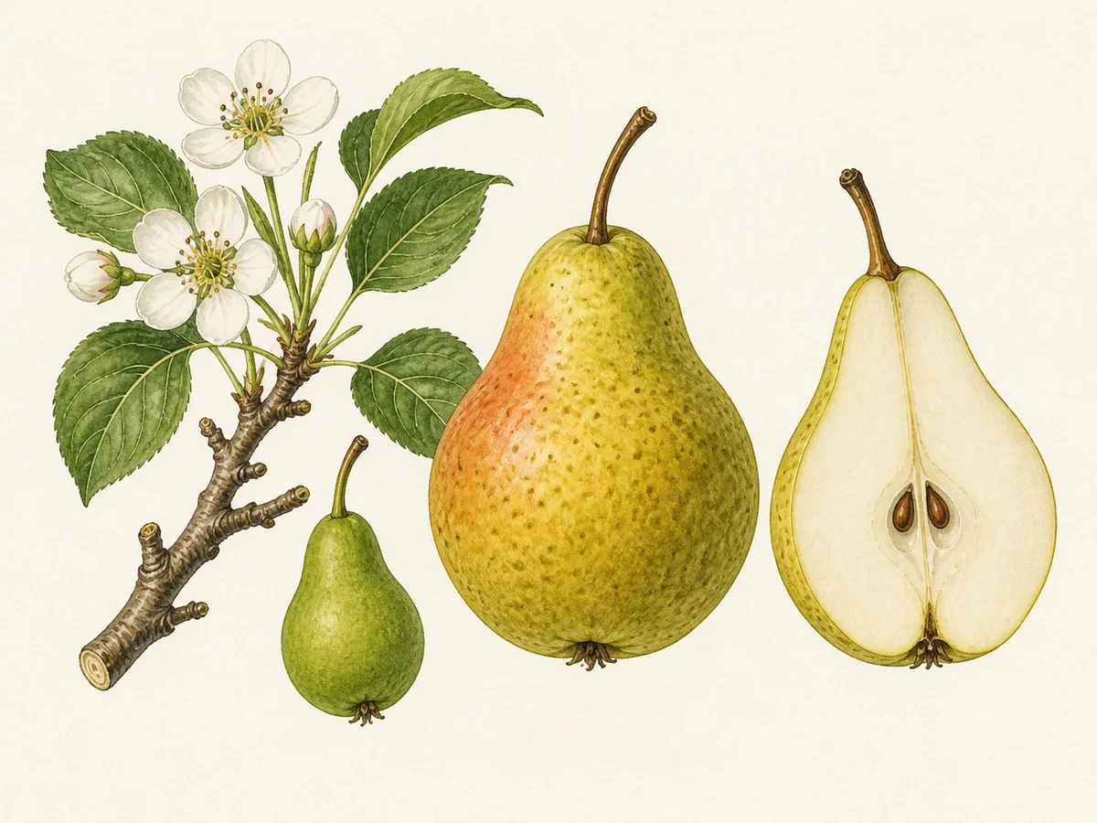 Prancha botânica complementar de Pereira ‘Bojarda’ (Pyrus communis L. ‘Bojarda’) com caracteres de identificação e ciclo de vida