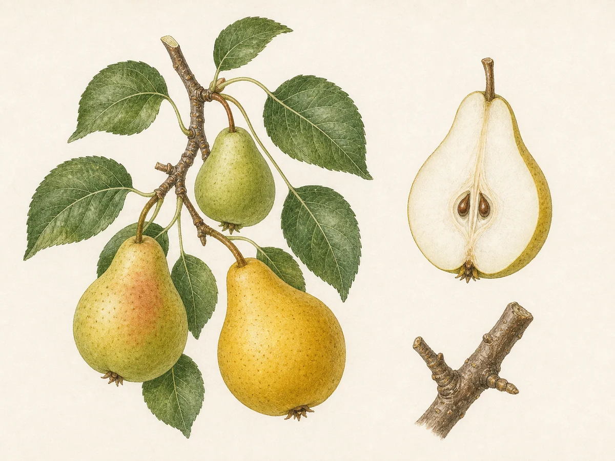Prancha botânica complementar de Pereira ‘Bonita’ (Pyrus communis L. ‘Bonita’) com caracteres de identificação e ciclo de vida