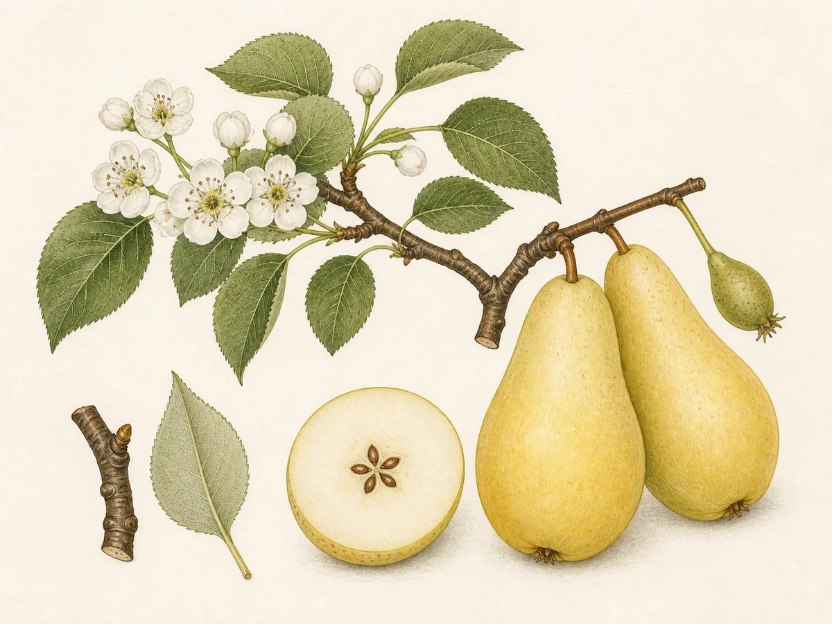 Prancha botânica complementar de Pereira ‘Do Santo’ (Pyrus communis L. ‘Do Santo’) com caracteres de identificação e ciclo de vida