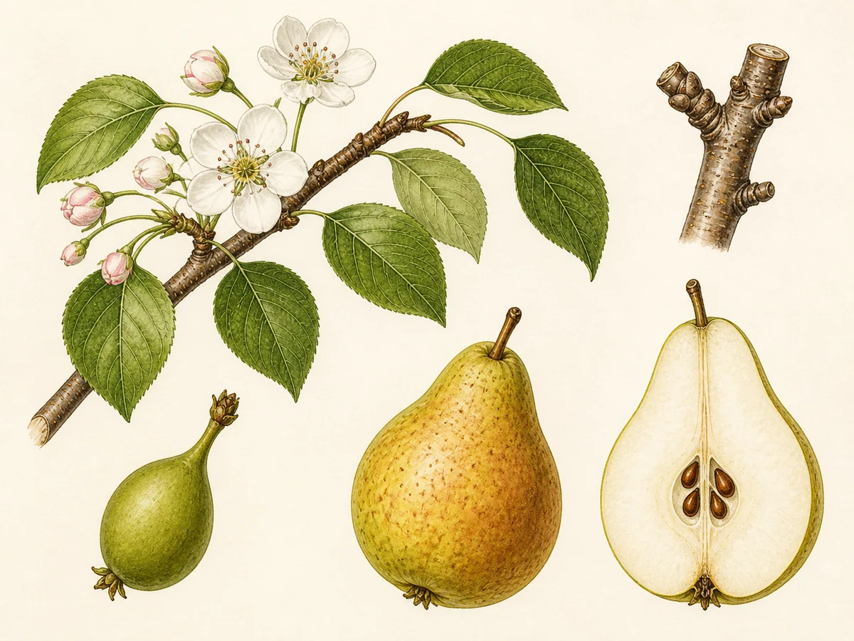 Prancha botânica complementar de Pereira ‘Dona Joaquina’ (Pyrus communis L. ‘Dona Joaquina’) com caracteres de identificação e ciclo de vida