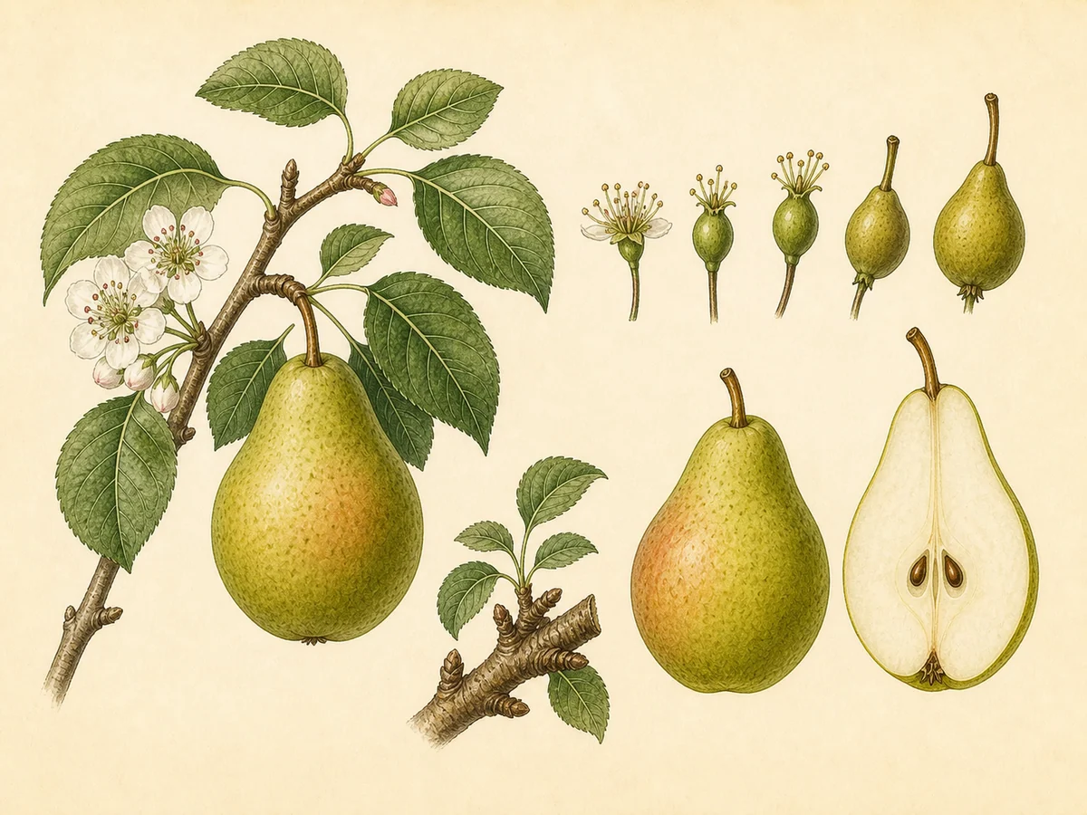 Prancha botânica complementar de Pereira ‘Formosa’ (Pyrus communis L. ‘Formosa’) com caracteres de identificação e ciclo de vida